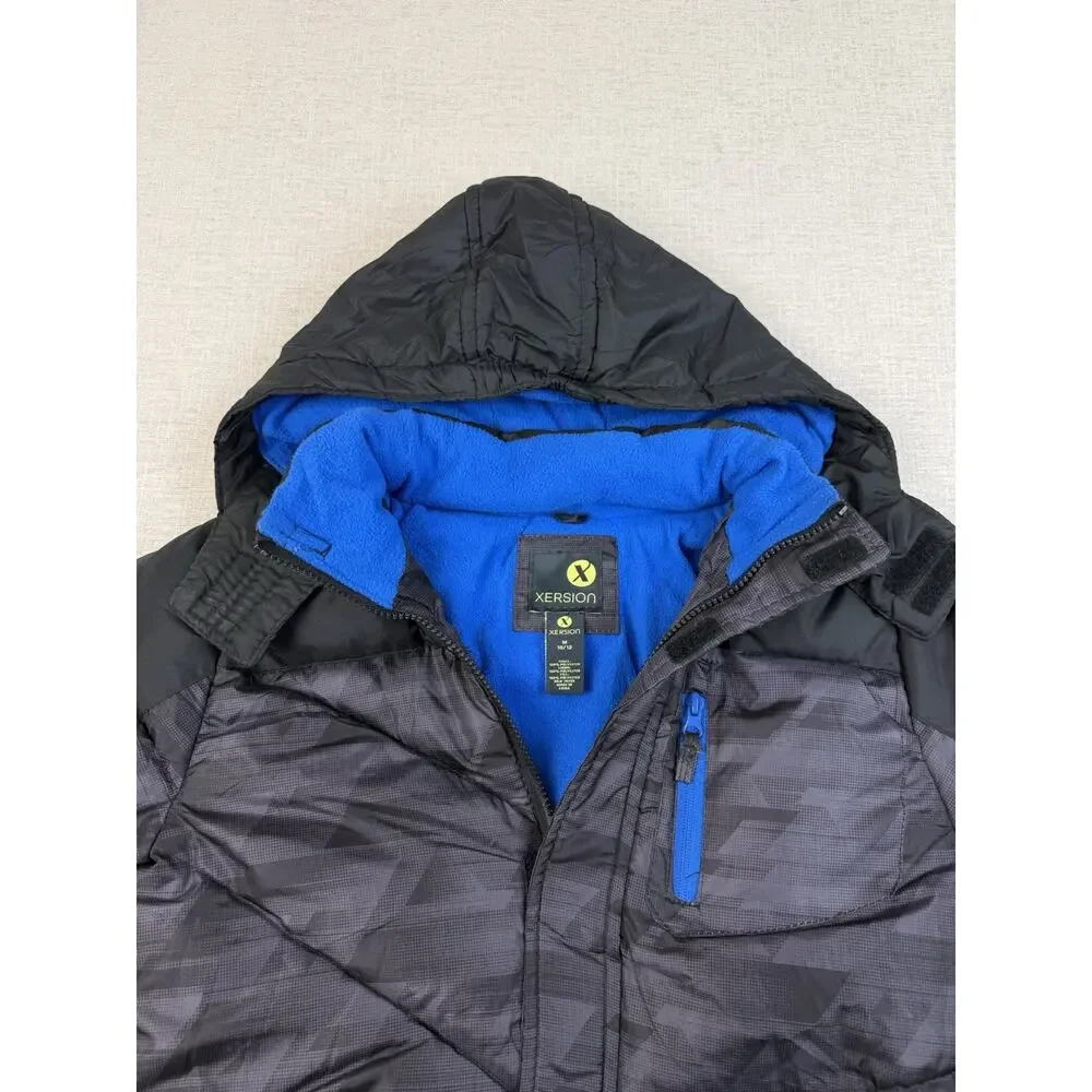 Xersion Boys Medium 10/12 Black Gray Camo Puffer Jacket Hooded Fleece Lined